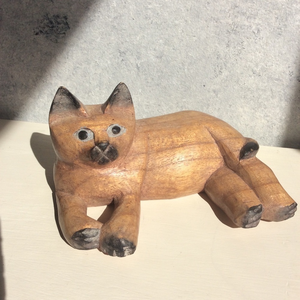 Hand Carved Wooden Folk Art Relaxing Cat